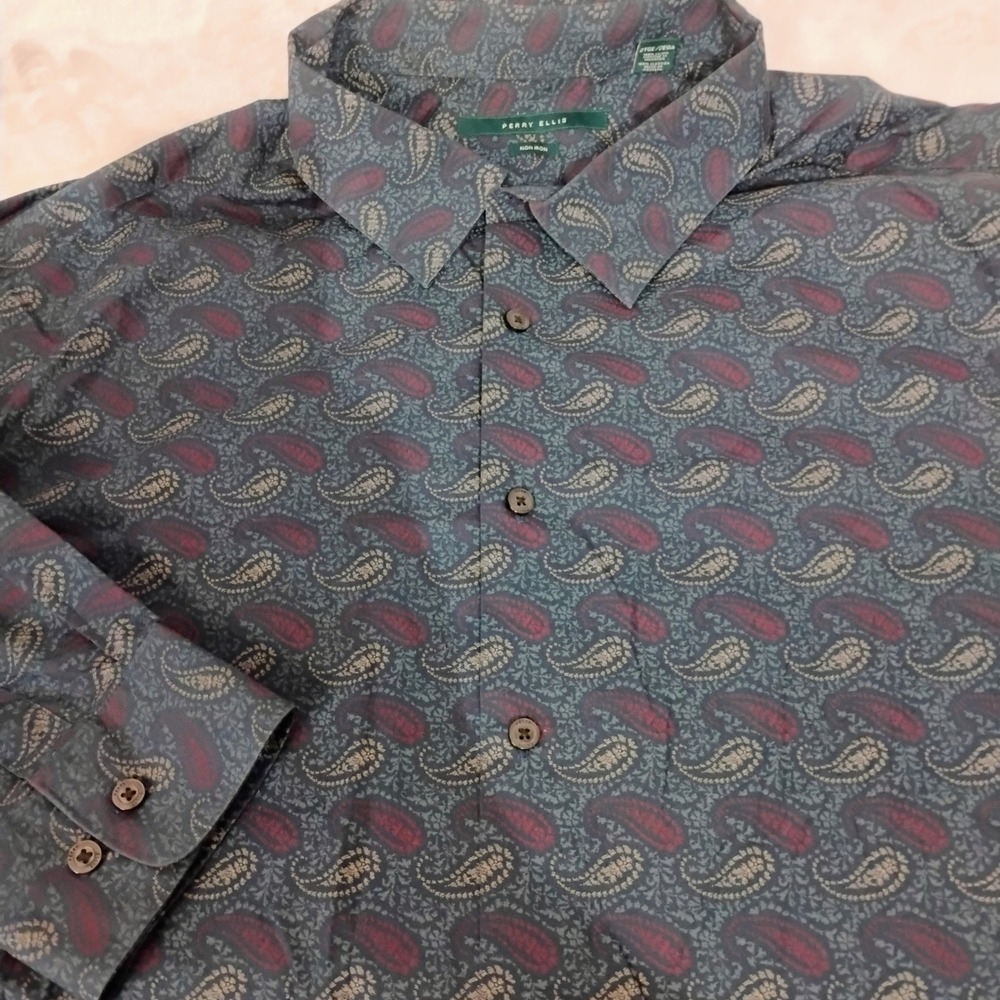 Perry Ellis Mens 2XLT Paisley No Iron Long Sleeve Button Shirt 2XL Tall Cotton I